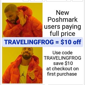 Save $10 code TRAVELINGFROG Poshmark new user coupons discount promo code deal